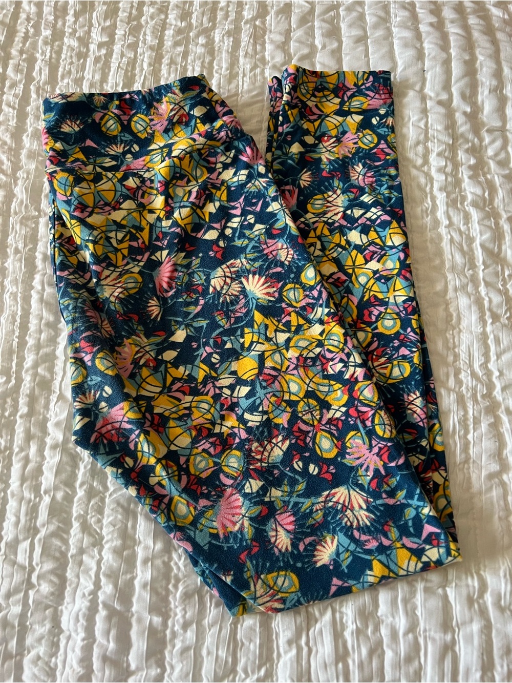 LuLaRoe Floral & Geometric Print Leggings - Teal, Yellow, Pink